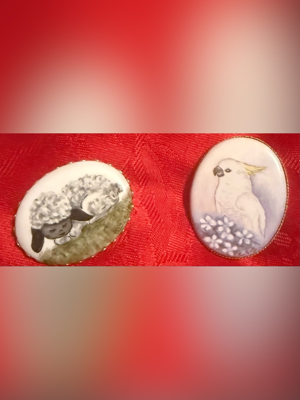 Rare Hand-Painted Porcelain Brooches - Sheep & Cockatoo Pair